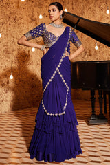 Georgette Purple Draped Saree Set