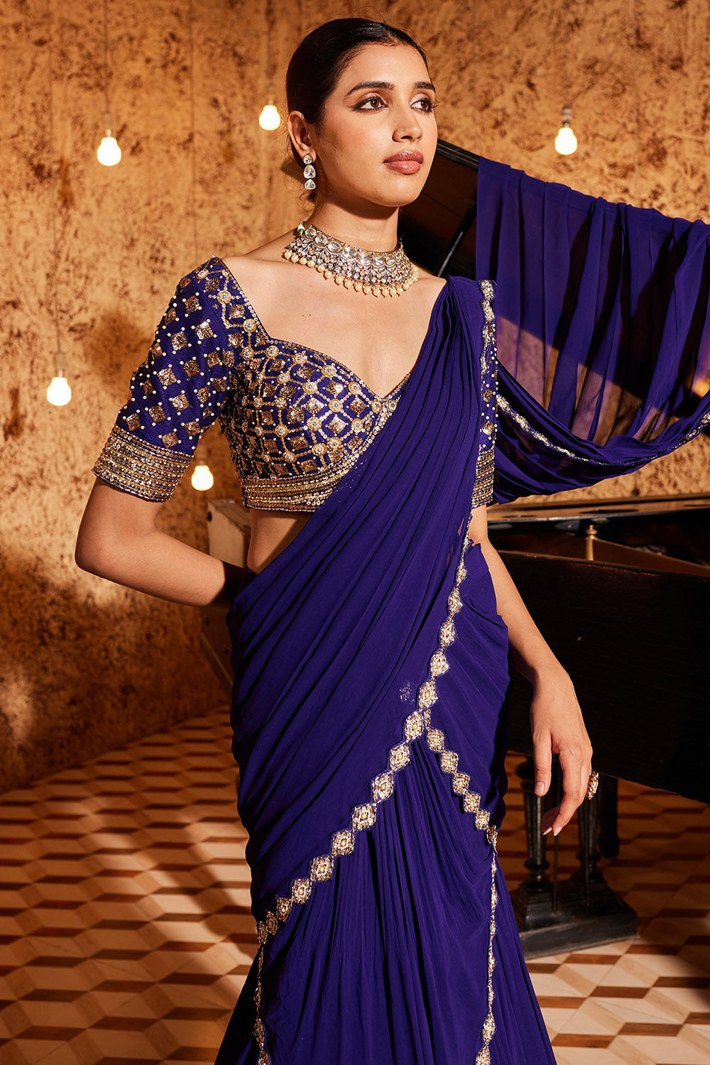 Georgette Purple Draped Saree Set