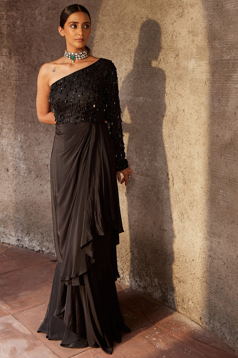 Organza & Crepe Black Embroidered One-Shoulder Gown