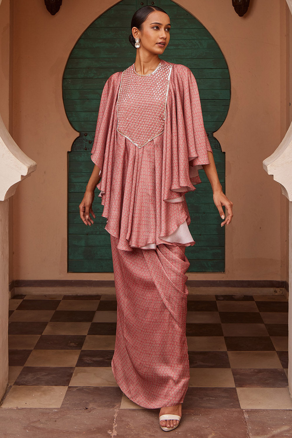 Modal Pink Printed Cowl Skirt Set