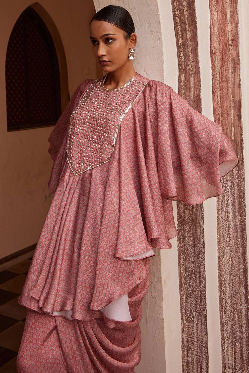 Modal Pink Printed Cowl Skirt Set