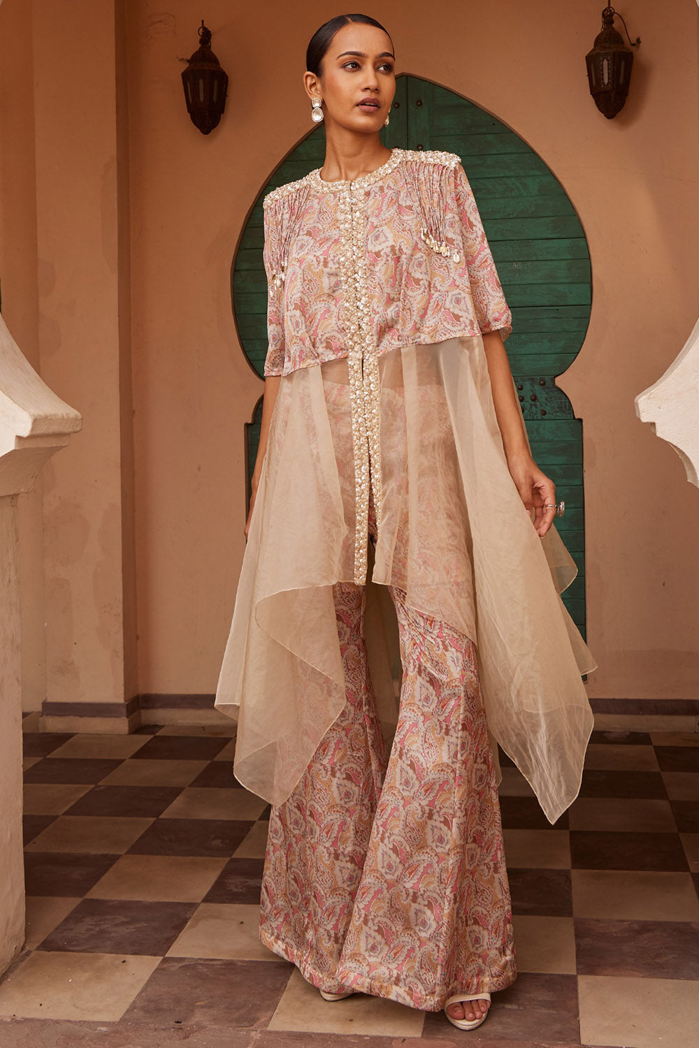 Modal Beige Asymmetric Draped Kurta Set