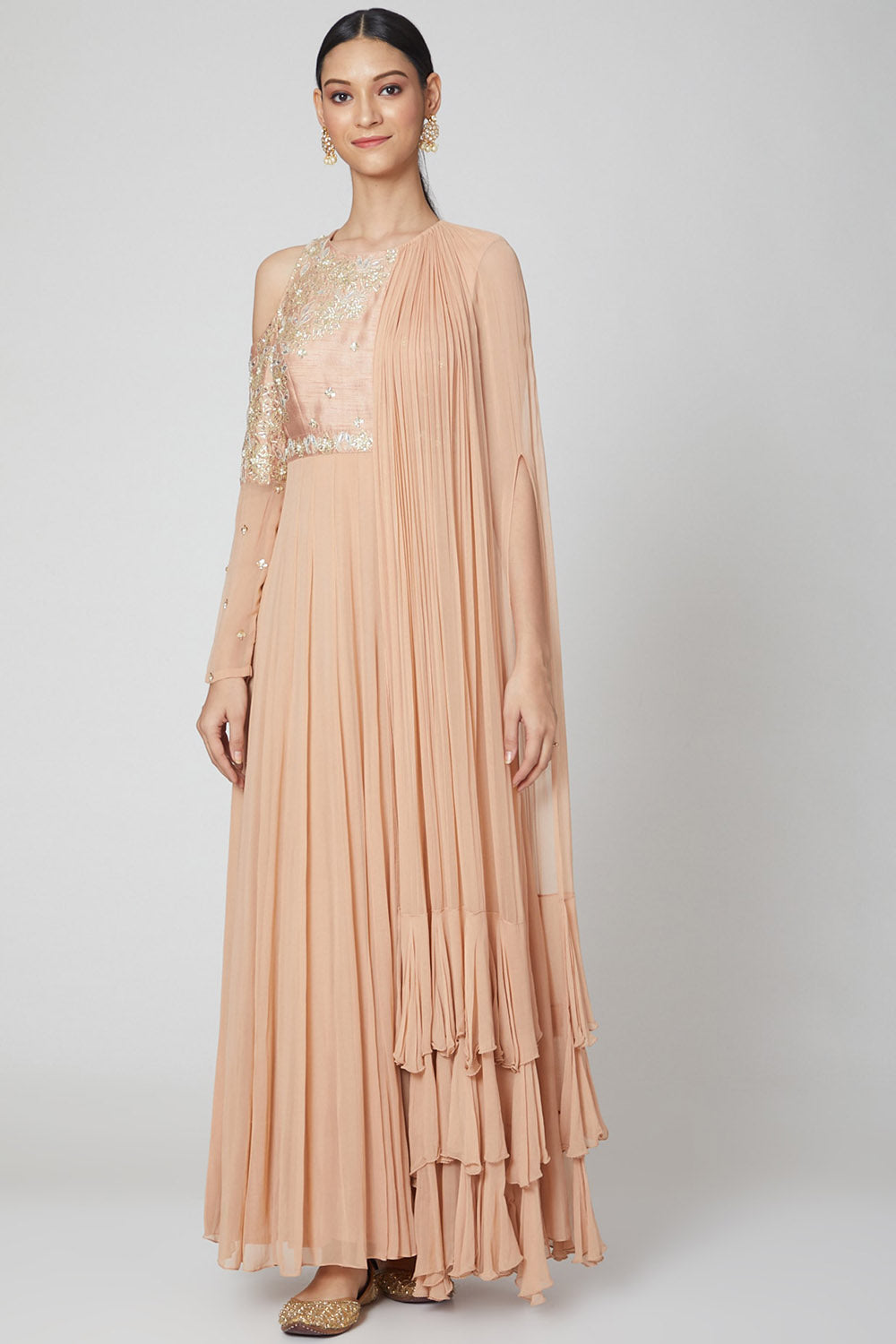 Embroidered Salmon Pink Anarkali With Draped Dupatta