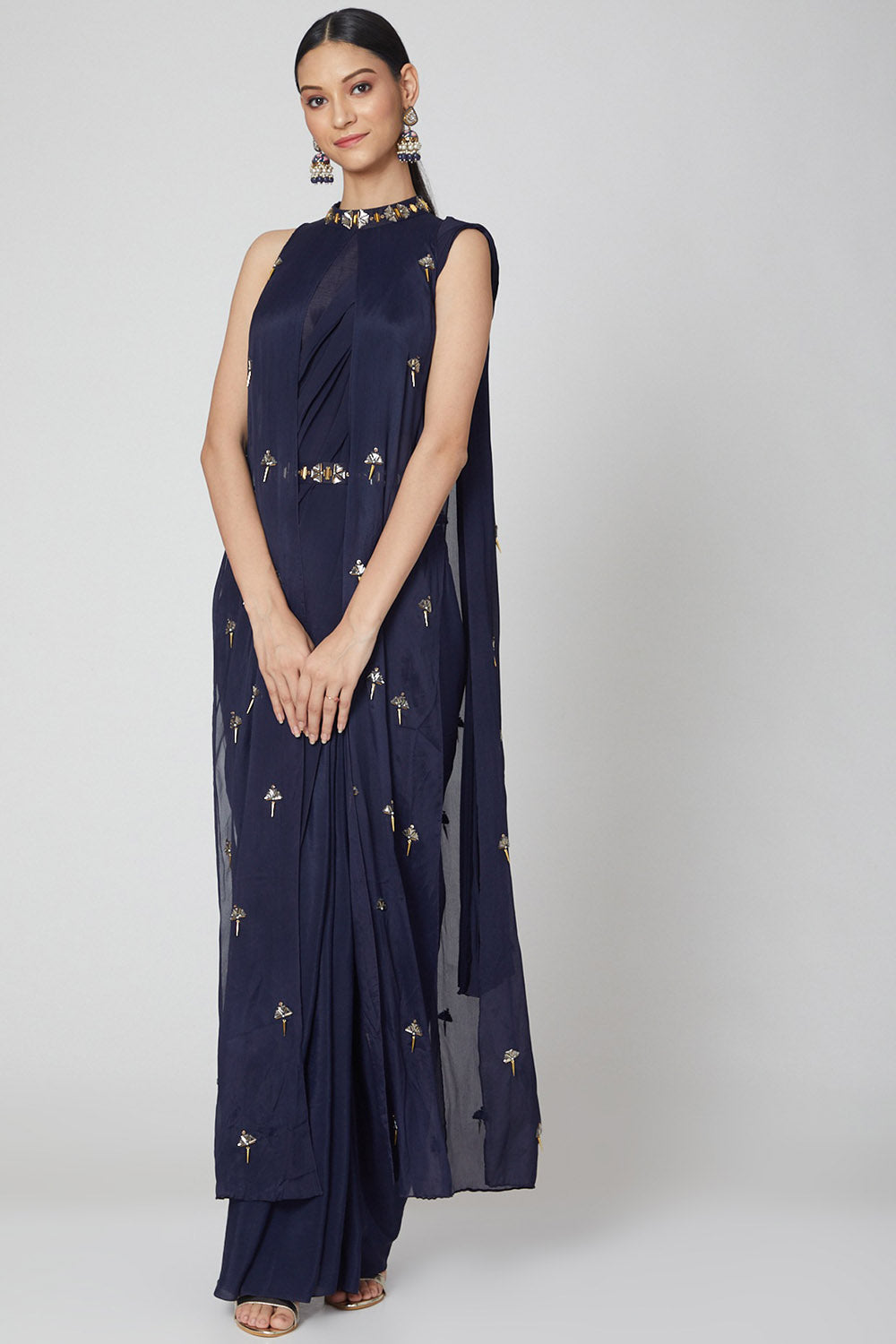 Navy Blue Pre-Stitched Draped Saree Set