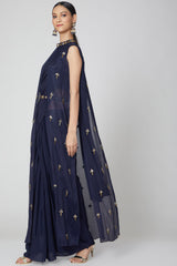 Navy Blue Pre-Stitched Draped Saree Set