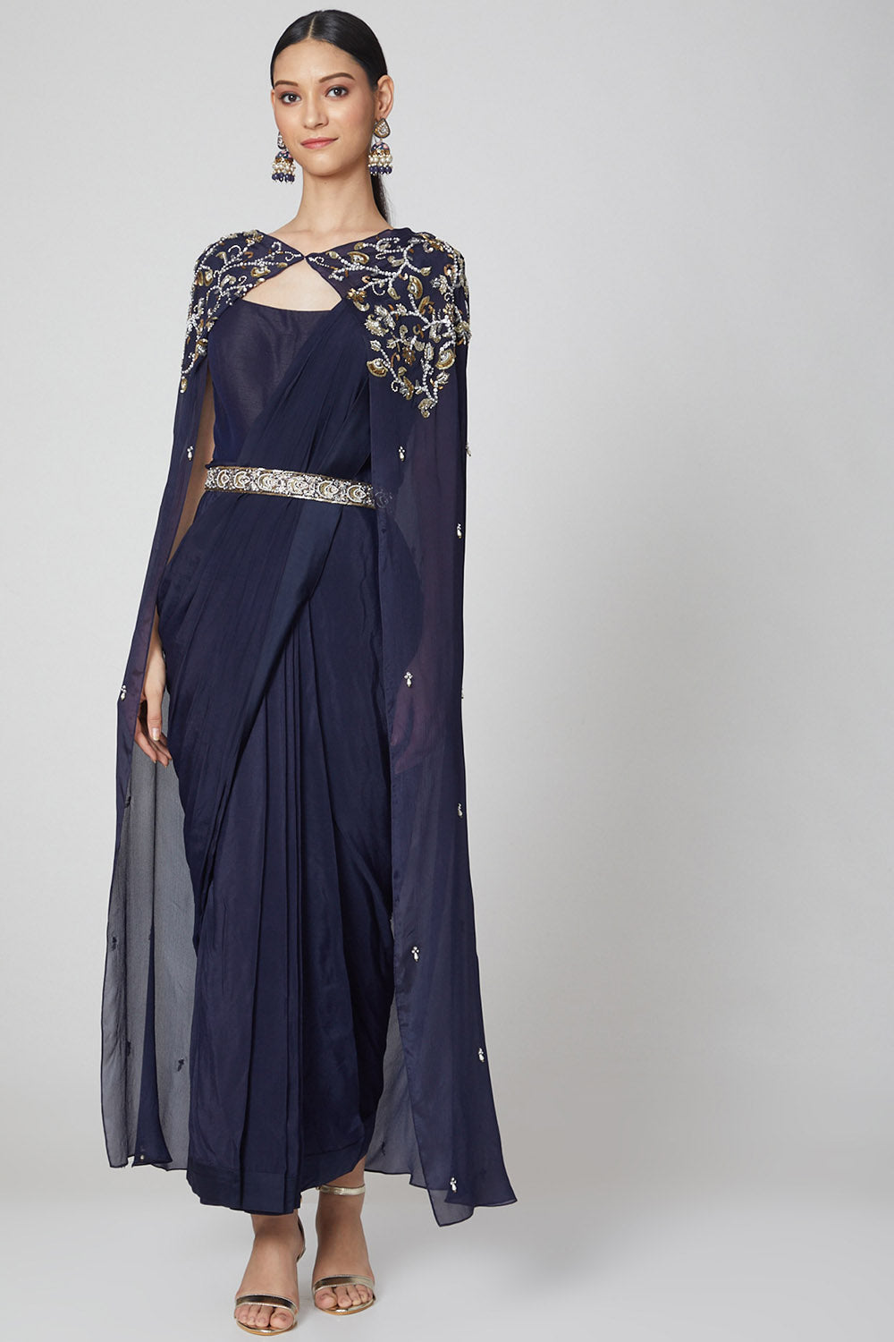 Cape Navy Blue Saree Gown With Belt