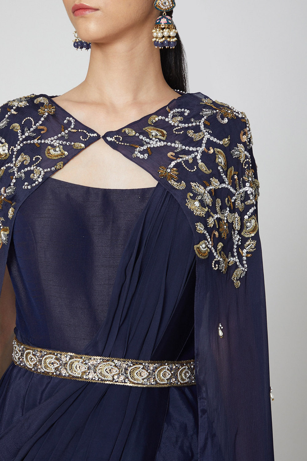 Cape Navy Blue Saree Gown With Belt