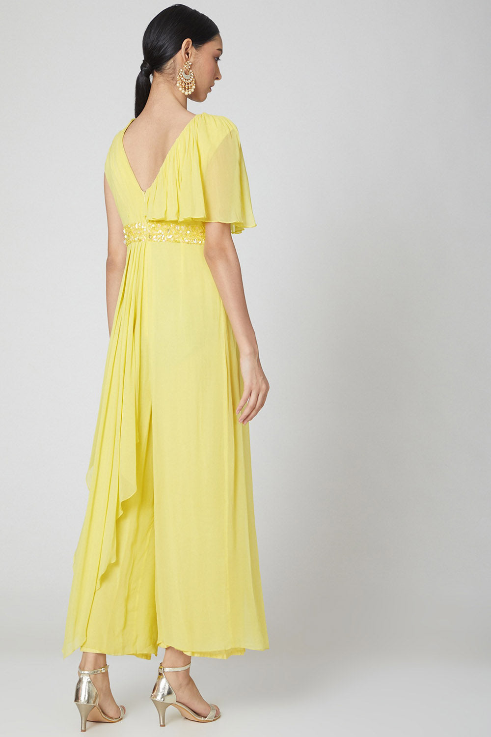 Draped Neon Yellow Jumpsuit With Embroidered Belt