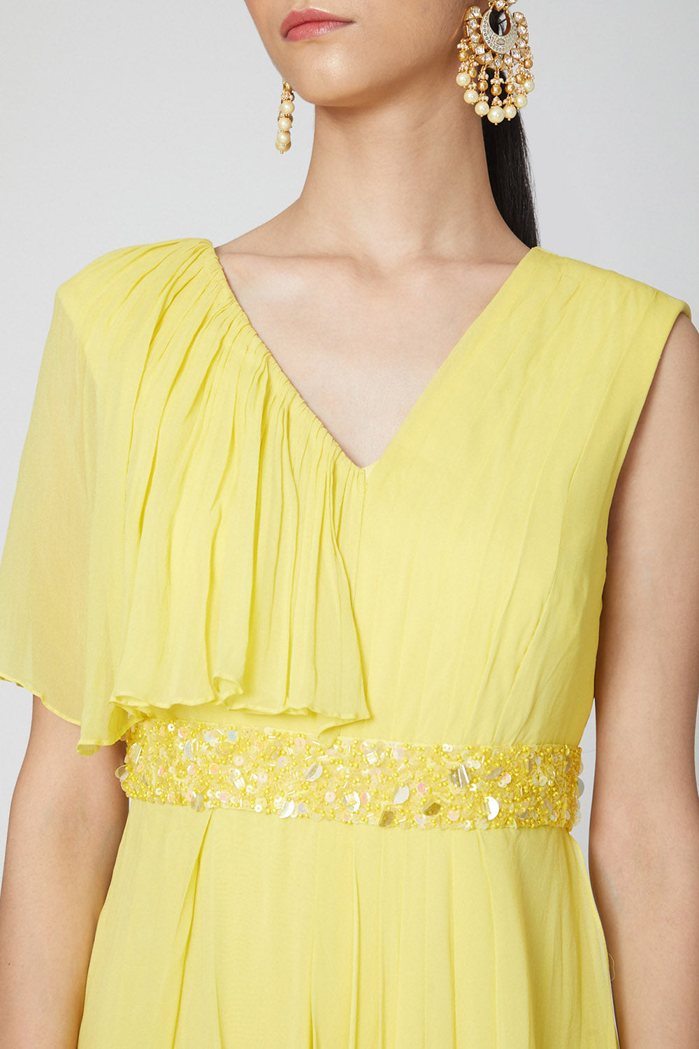 Draped Neon Yellow Jumpsuit With Embroidered Belt