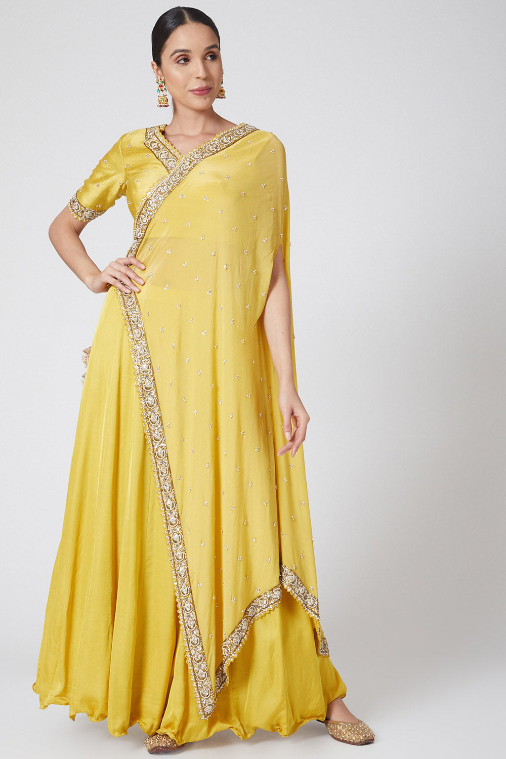 Embroidered Yellow Angrakha Kurta Set