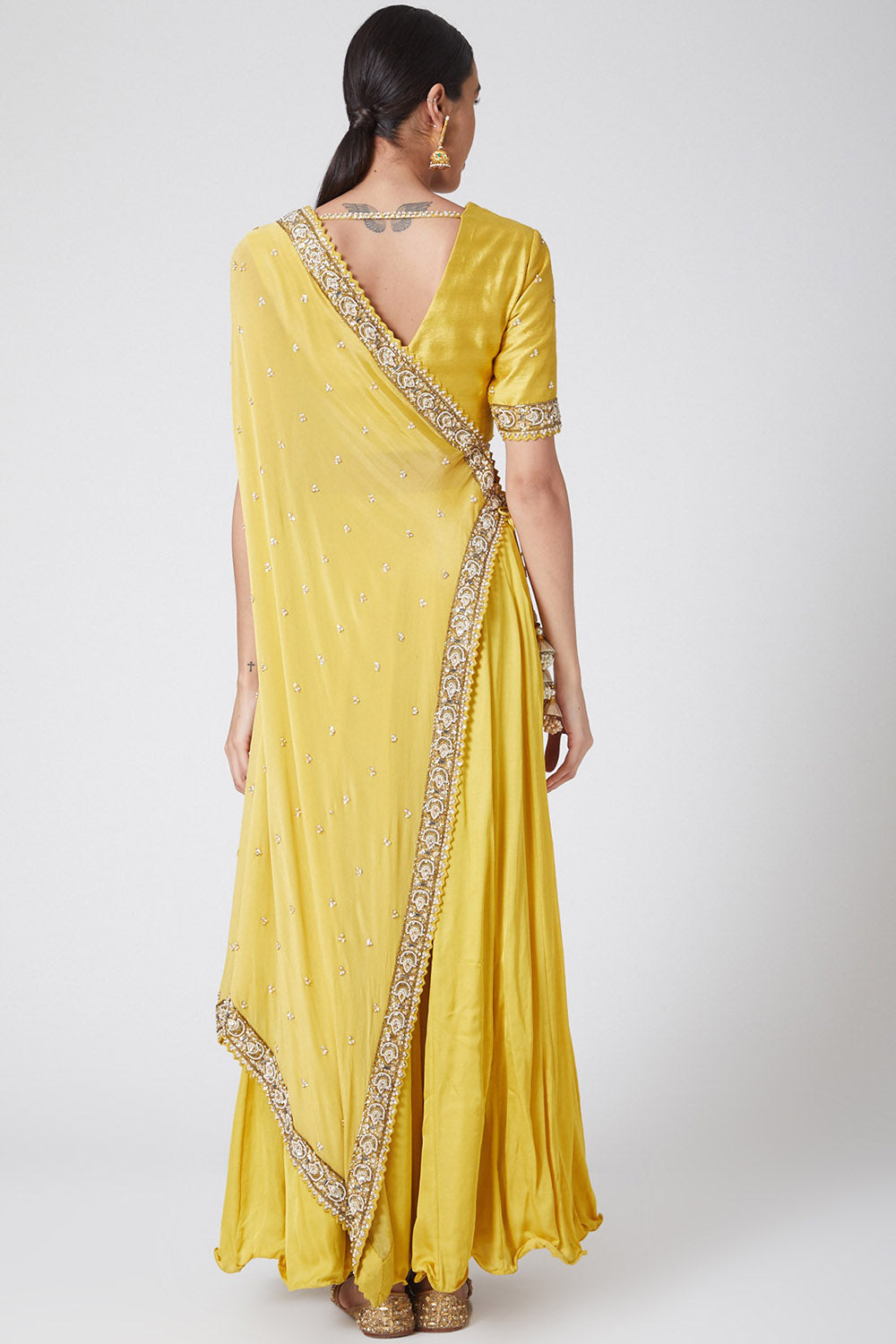 Embroidered Yellow Angrakha Kurta Set