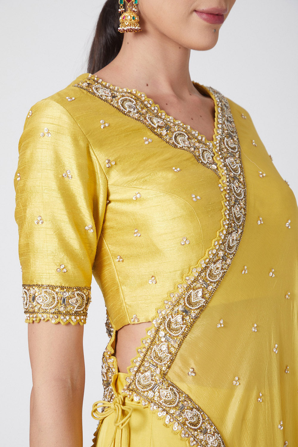 Embroidered Yellow Angrakha Kurta Set