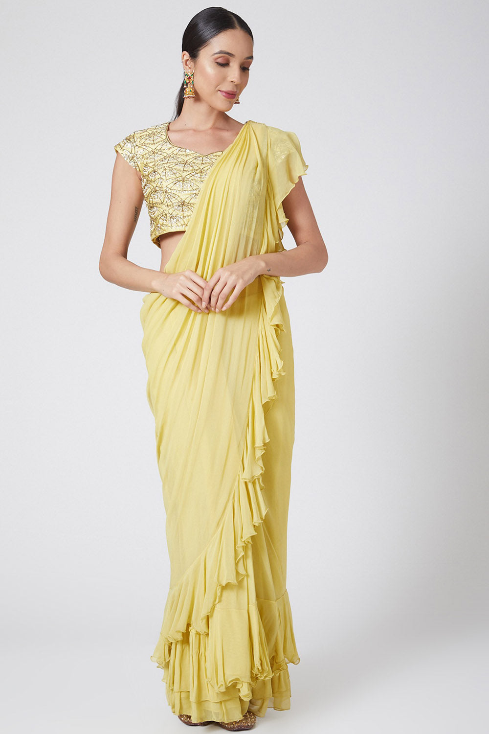 Ruffled Yellow Draped Saree With Embroidered Blouse