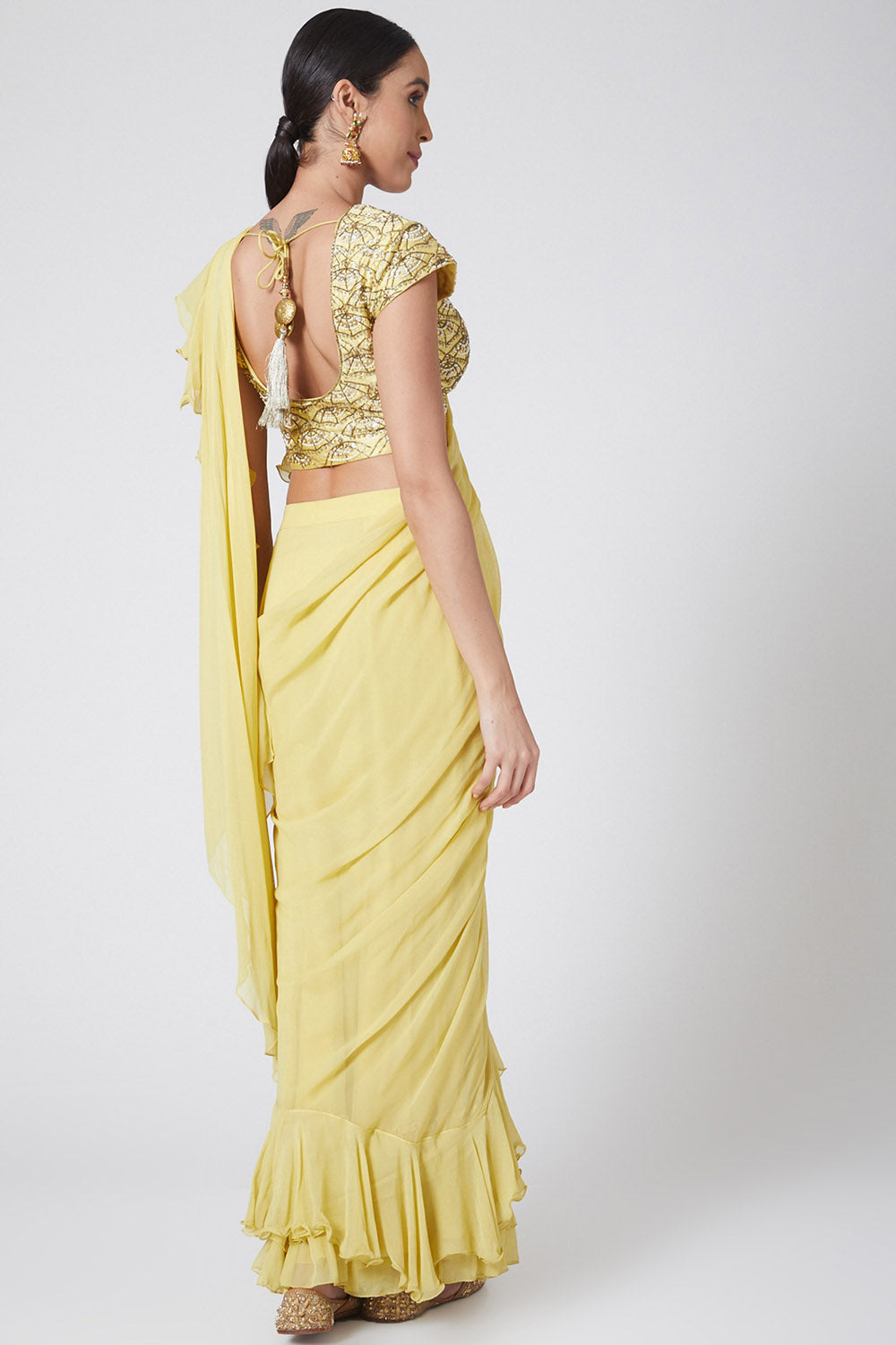 Ruffled Yellow Draped Saree With Embroidered Blouse