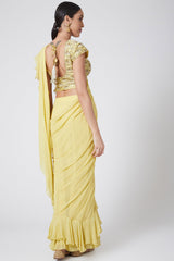 Ruffled Yellow Draped Saree With Embroidered Blouse