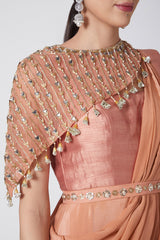 Draped Blush Pink Saree With Embroidered Cape & Belt