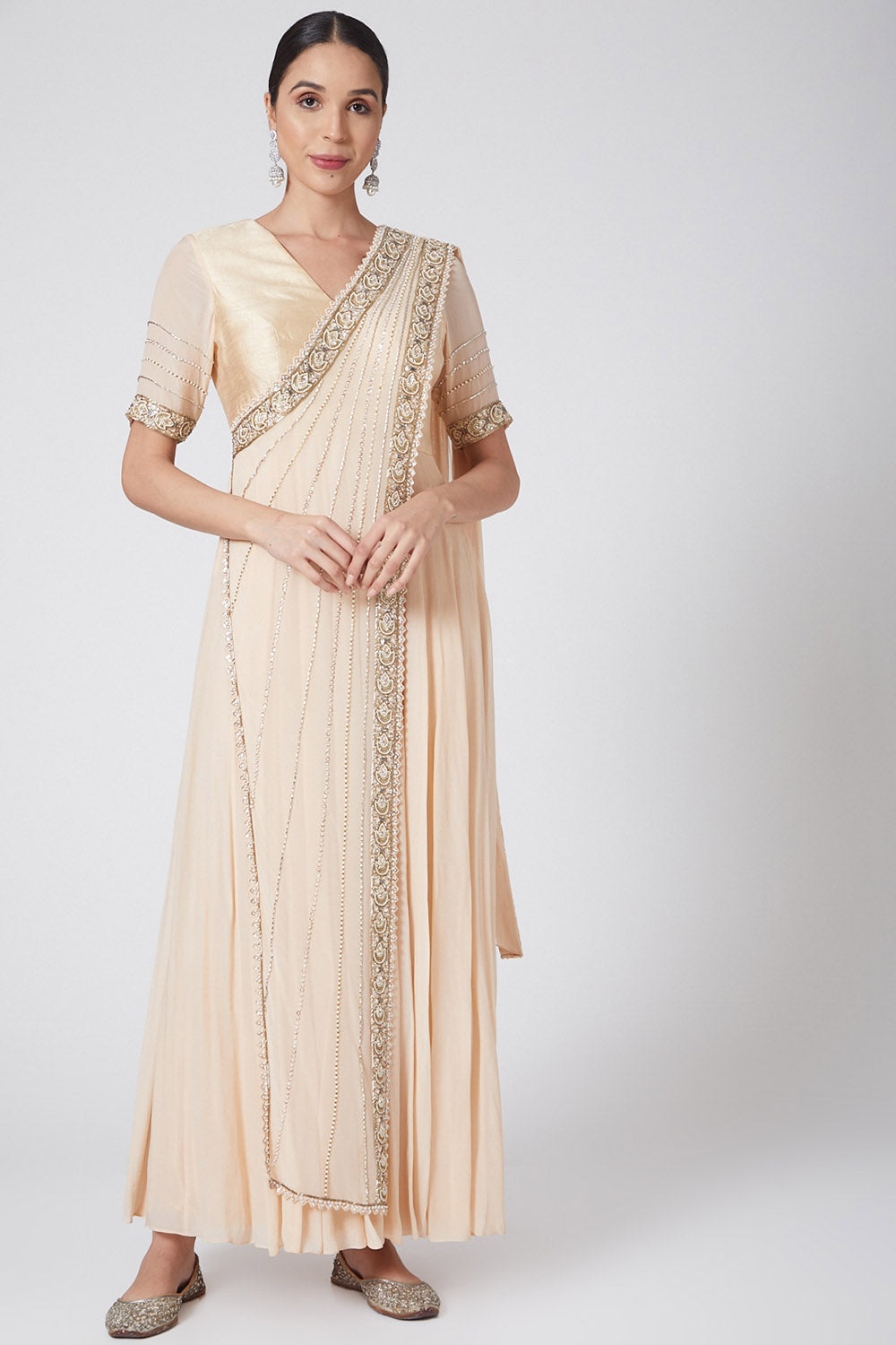 Embroidered Beige Draped Anarkali