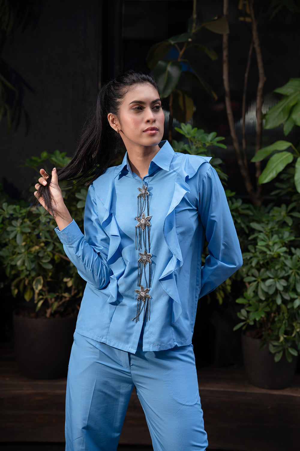 Azure Blue Ruffle Shirt