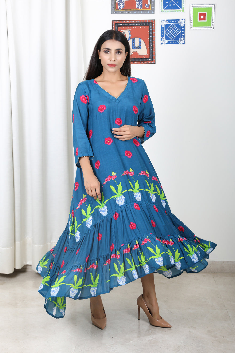 Tier Dress Printed - Peacock Blue