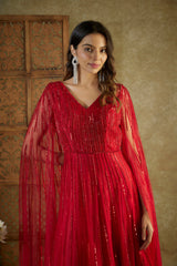 Red Embroidered Cocktail Gown With Cape Sleeves