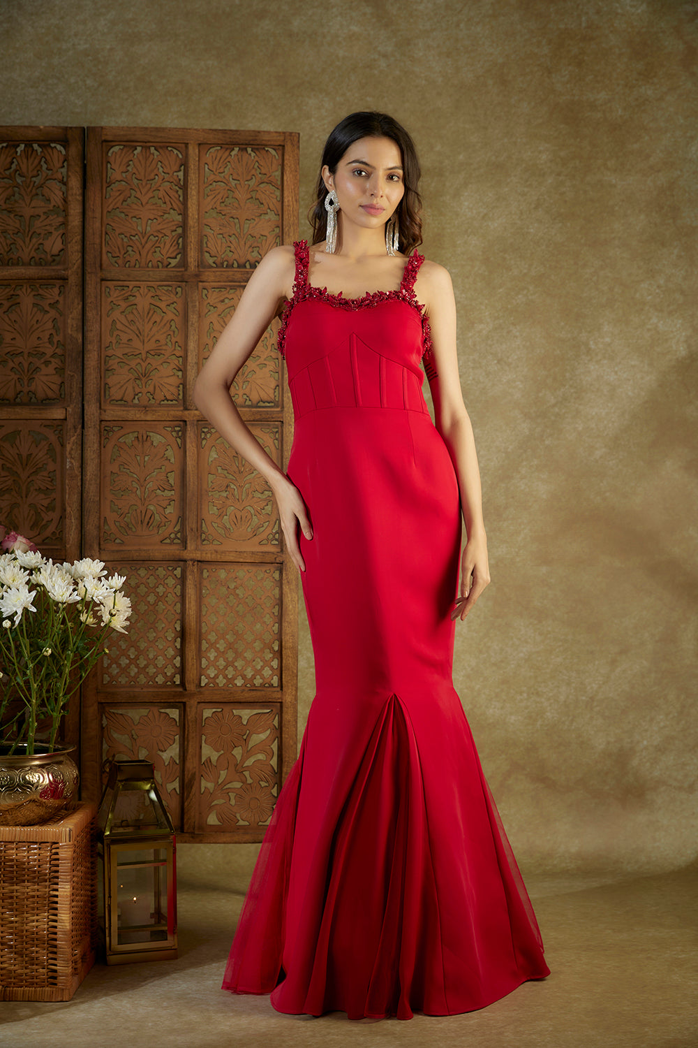 Red Embroidered Cocktail Fish Cut Gown With Inserts