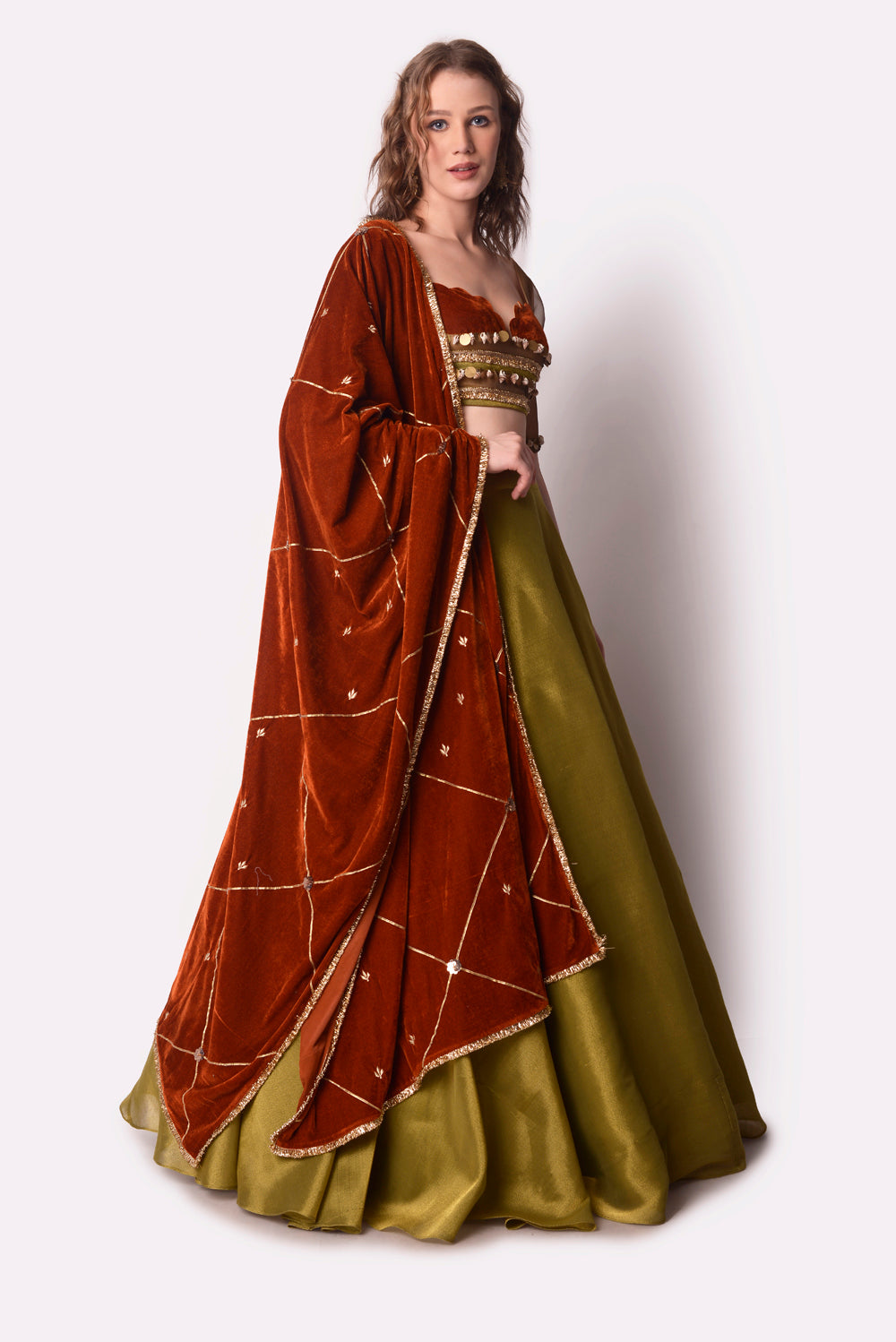 Rust  Olive Lehenga Set