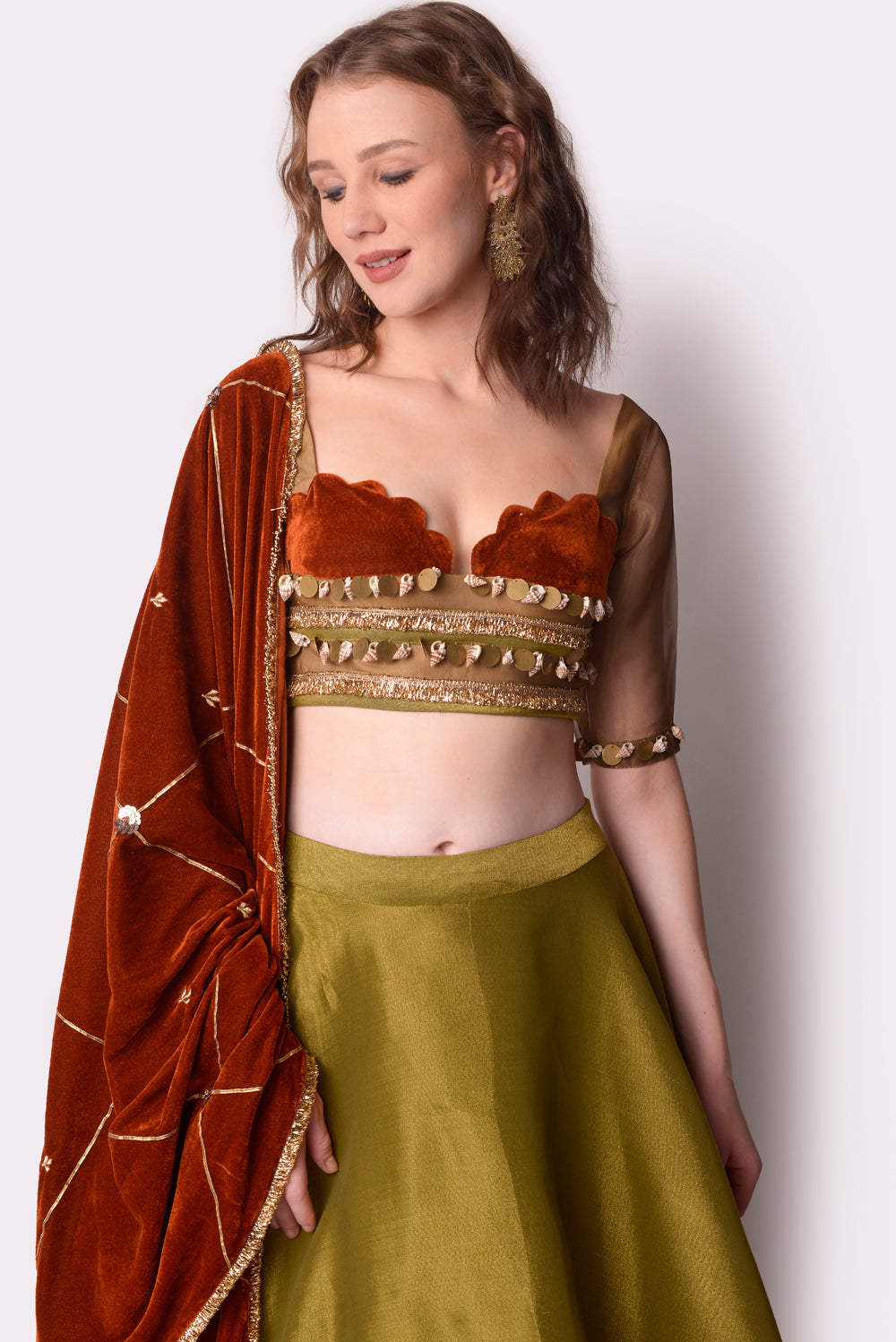 Rust  Olive Lehenga Set