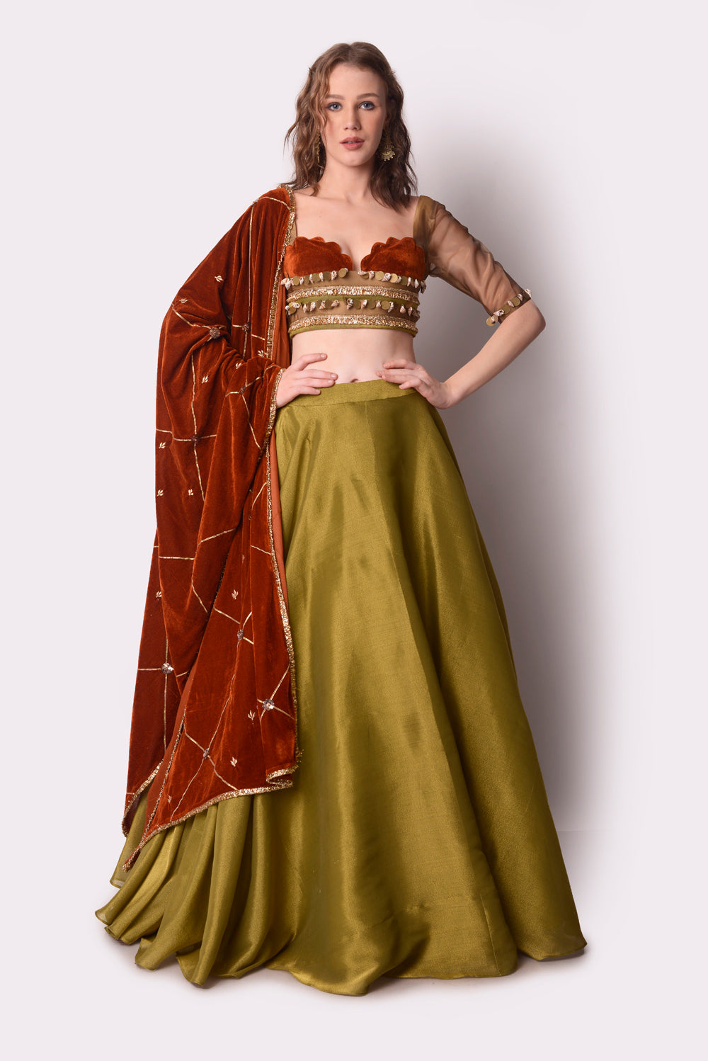 Rust  Olive Lehenga Set