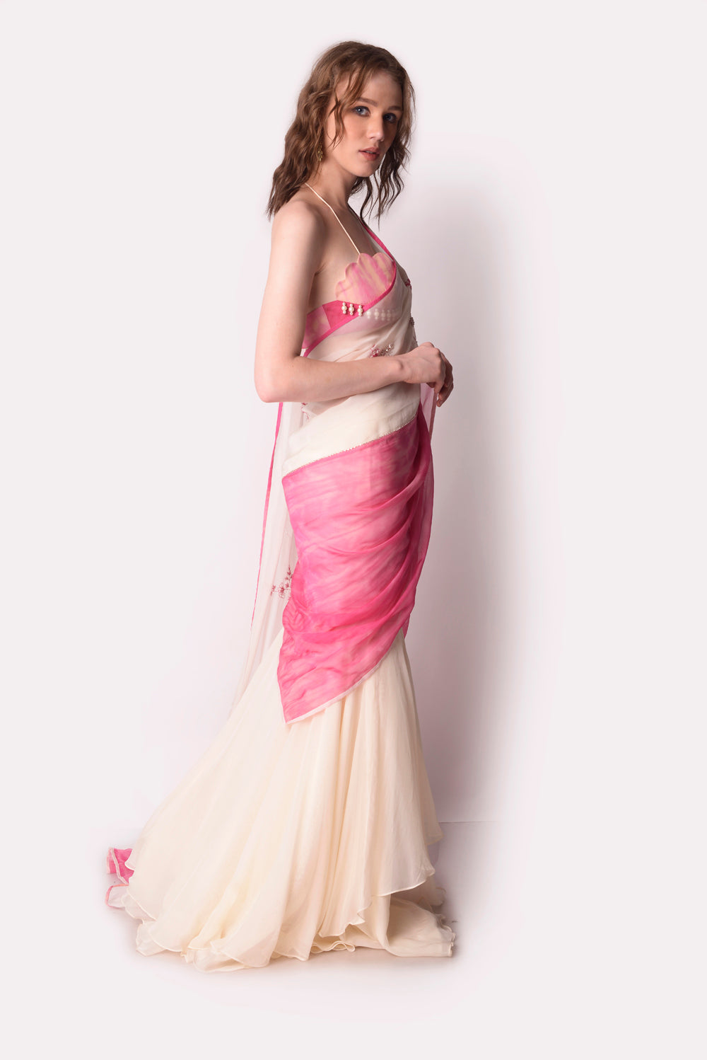 Rose Pink  Ivory Saree Set