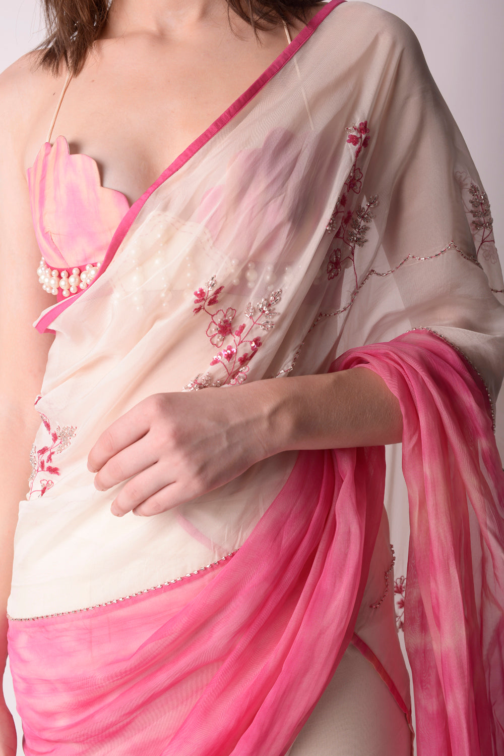 Rose Pink  Ivory Saree Set