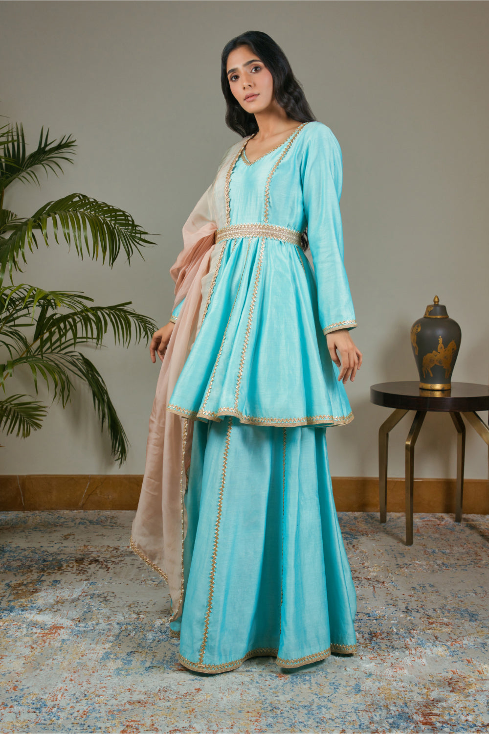 Ice Blue  Peplum Anarkali Paired With Sharara And Dusty Pink Dupatta