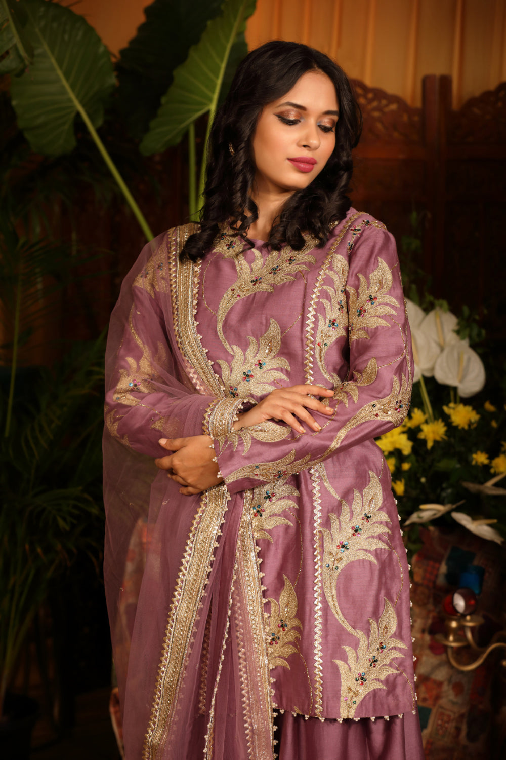 Purple Chanderi Silk Kurti  Paired With Gotta Sharar And Tulle Dupatta