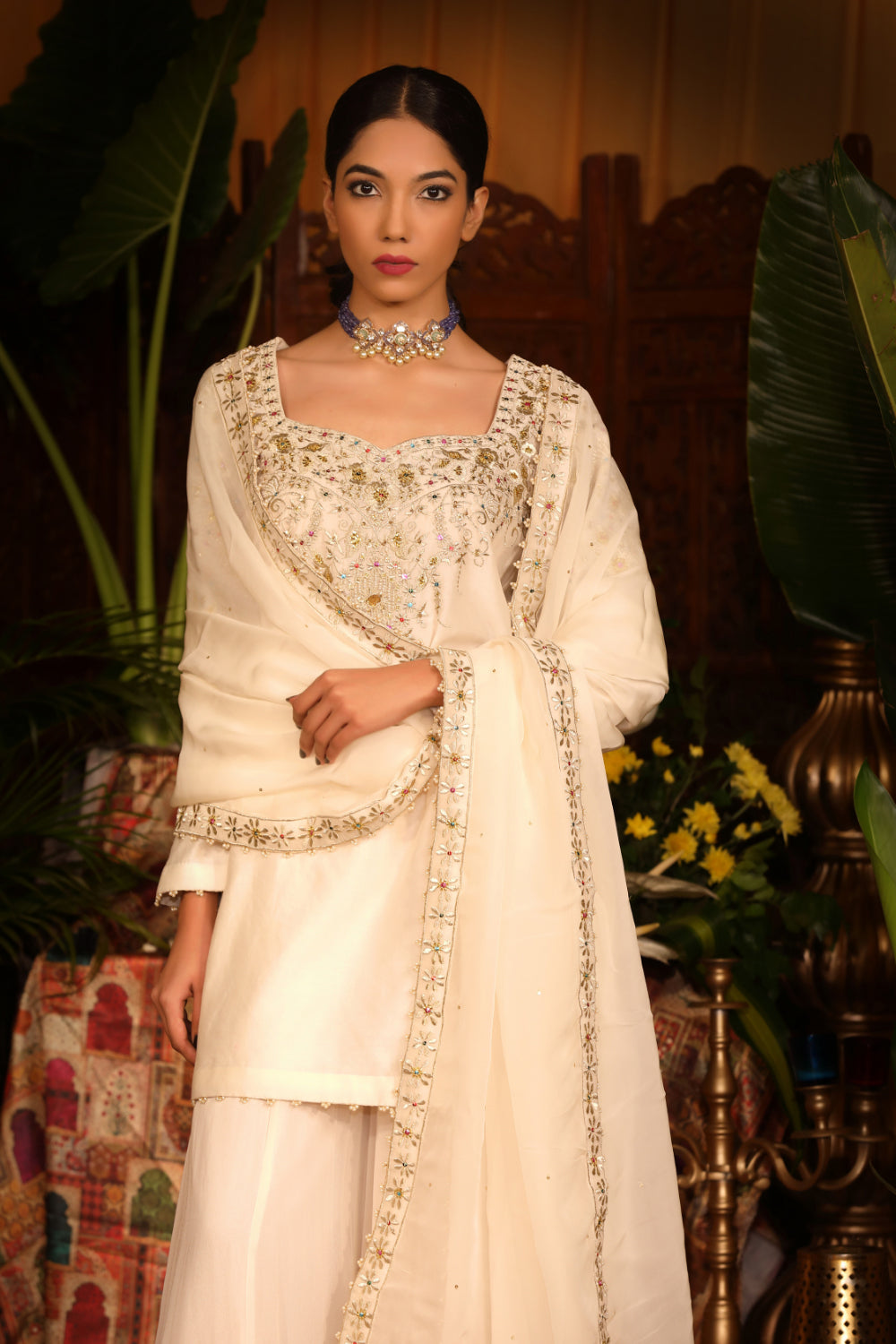 Ivory Chanderi Silk Kurti Paired With Georgette Sharara And Silk Organza Dupatta