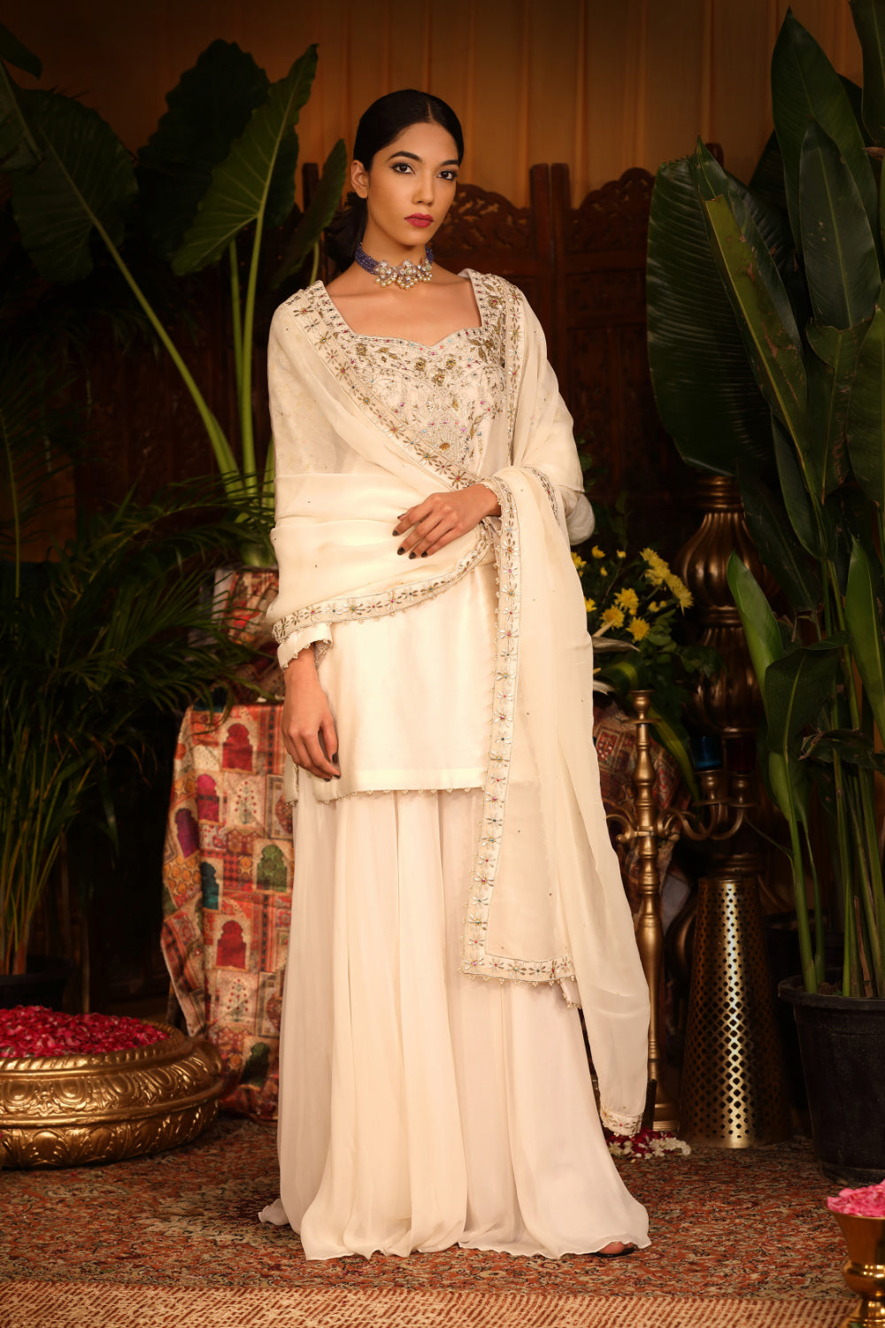 Ivory Chanderi Silk Kurti Paired With Georgette Sharara And Silk Organza Dupatta