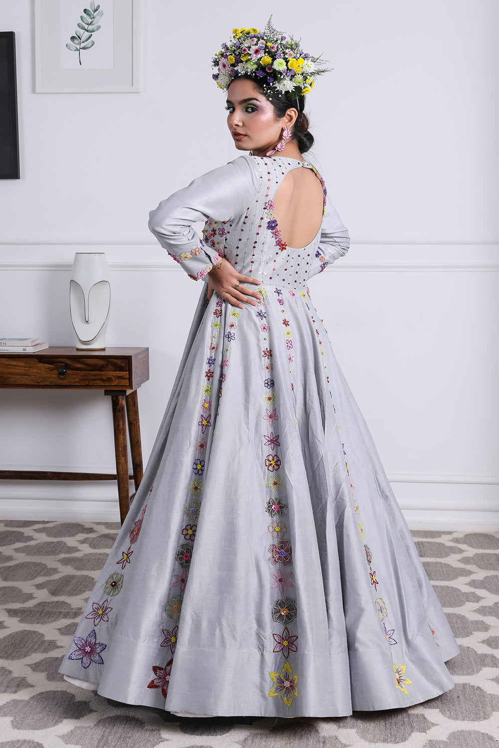 Grey Embroidered Raw Silk Anarkali