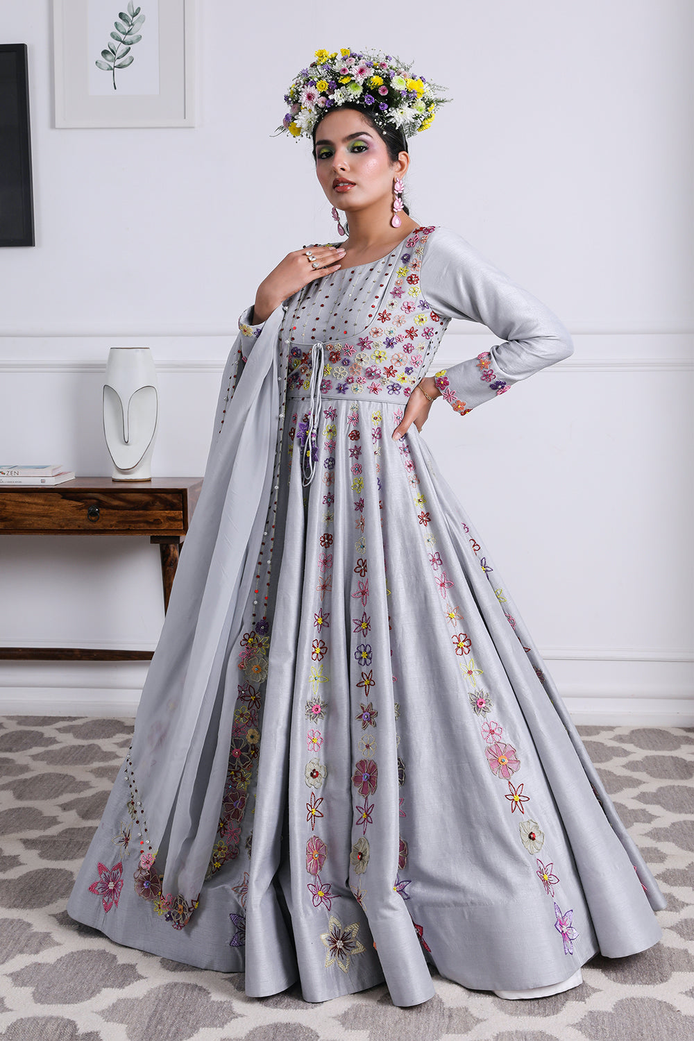 Grey Embroidered Raw Silk Anarkali