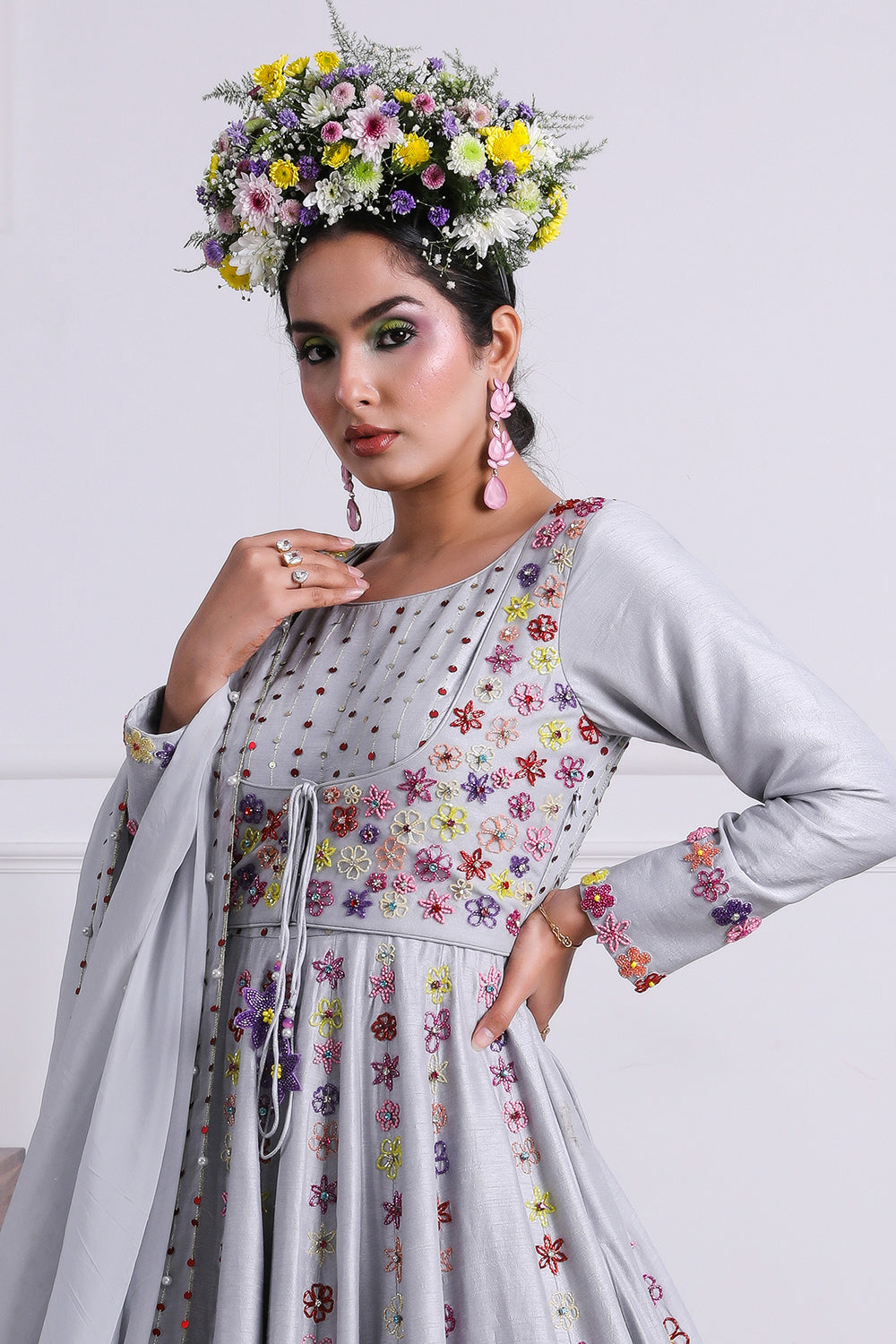 Grey Embroidered Raw Silk Anarkali