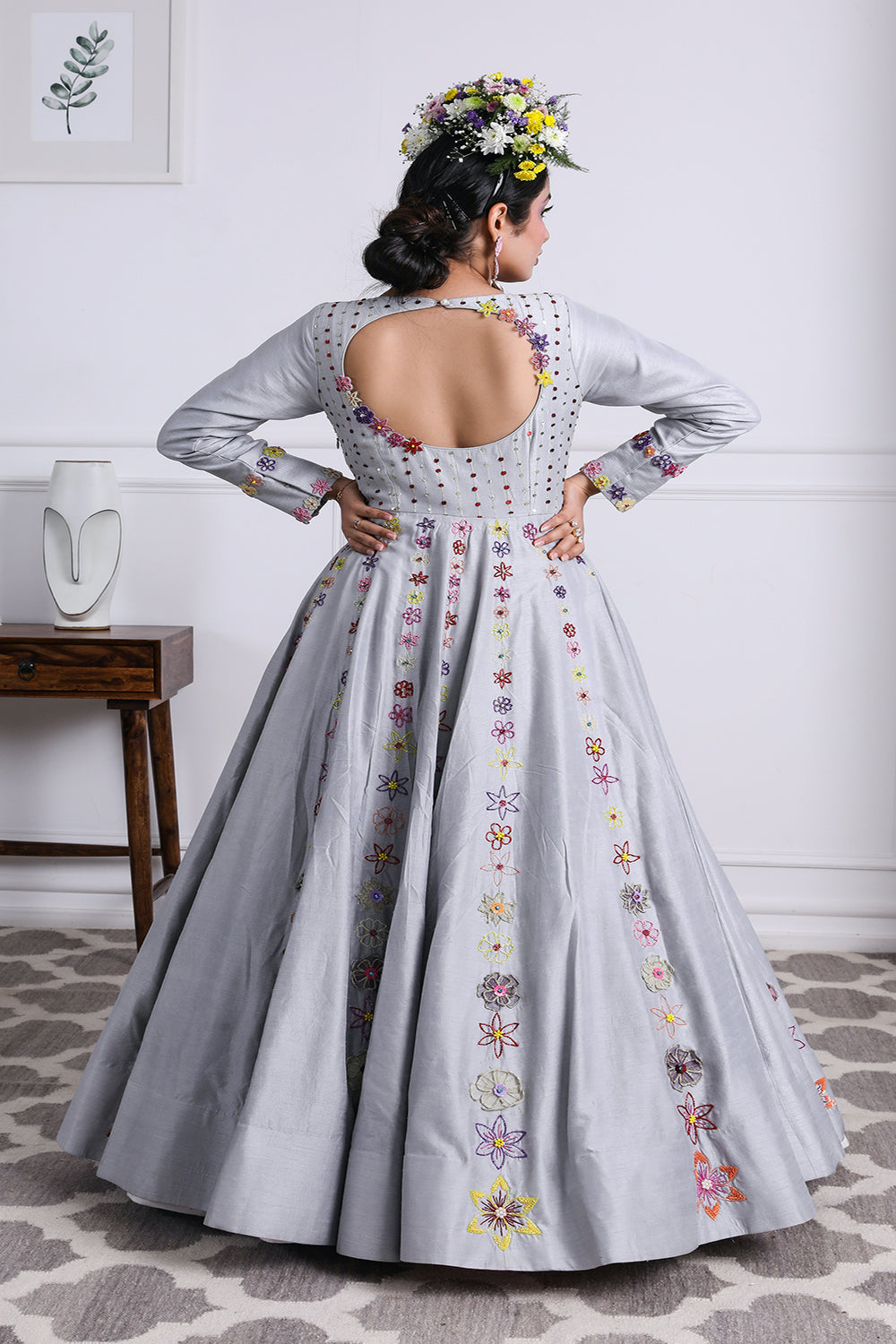 Grey Embroidered Raw Silk Anarkali