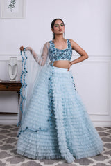 Icy Blue 3D Embroidered Ruffle 
Lehnga Set