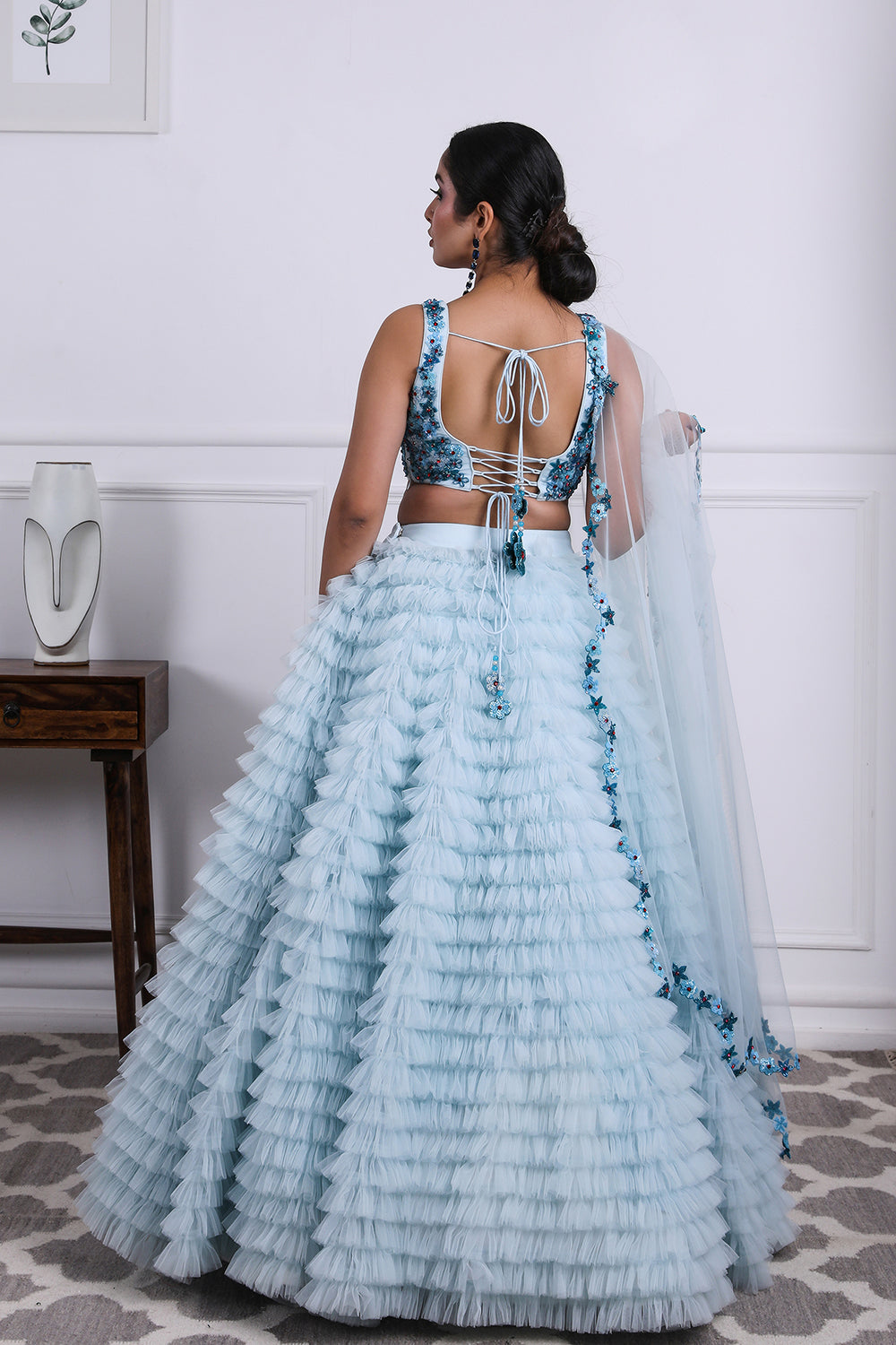 Icy Blue 3D Embroidered Ruffle 
Lehnga Set