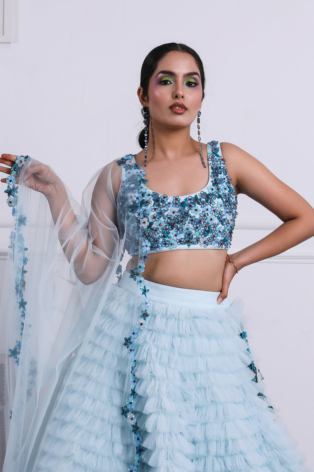 Icy Blue 3D Embroidered Ruffle 
Lehnga Set