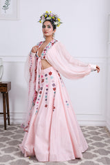 Pink Embroidered Raw Silk Lehnga Set.