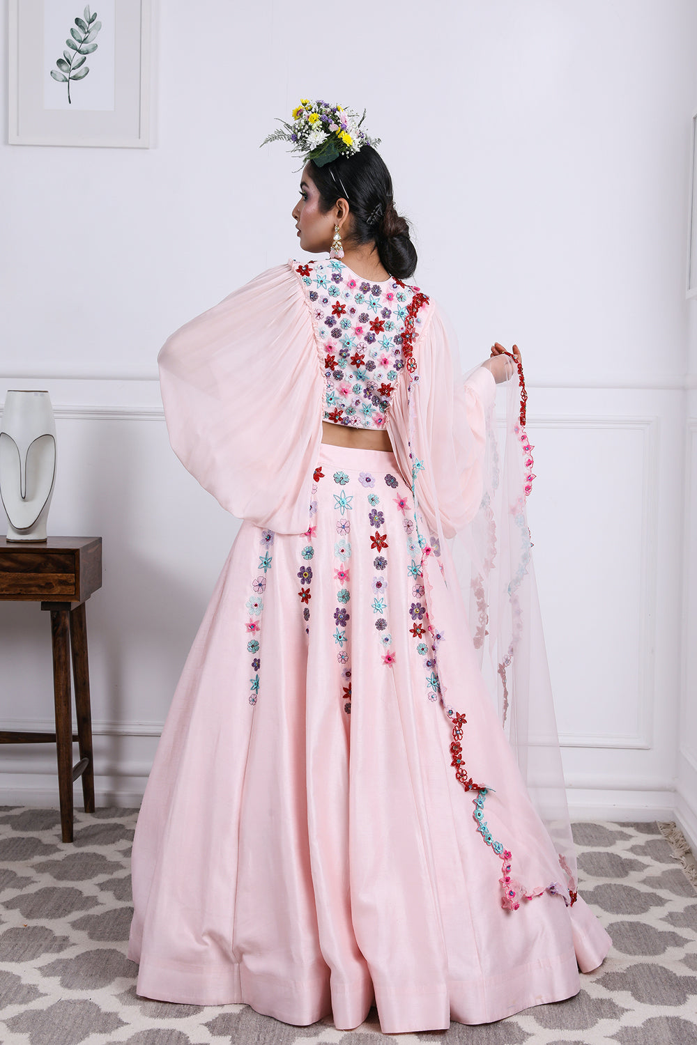 Pink Embroidered Raw Silk Lehnga Set.