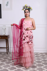 Pink Embroidered Ruffle Sharara Set