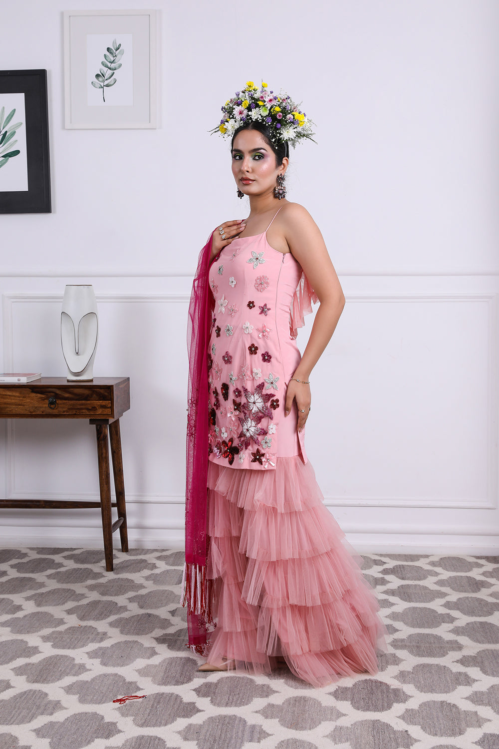 Pink Embroidered Ruffle Sharara Set