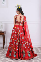 Red 3D Embroidered 
Raw Silk Lehnga Set.