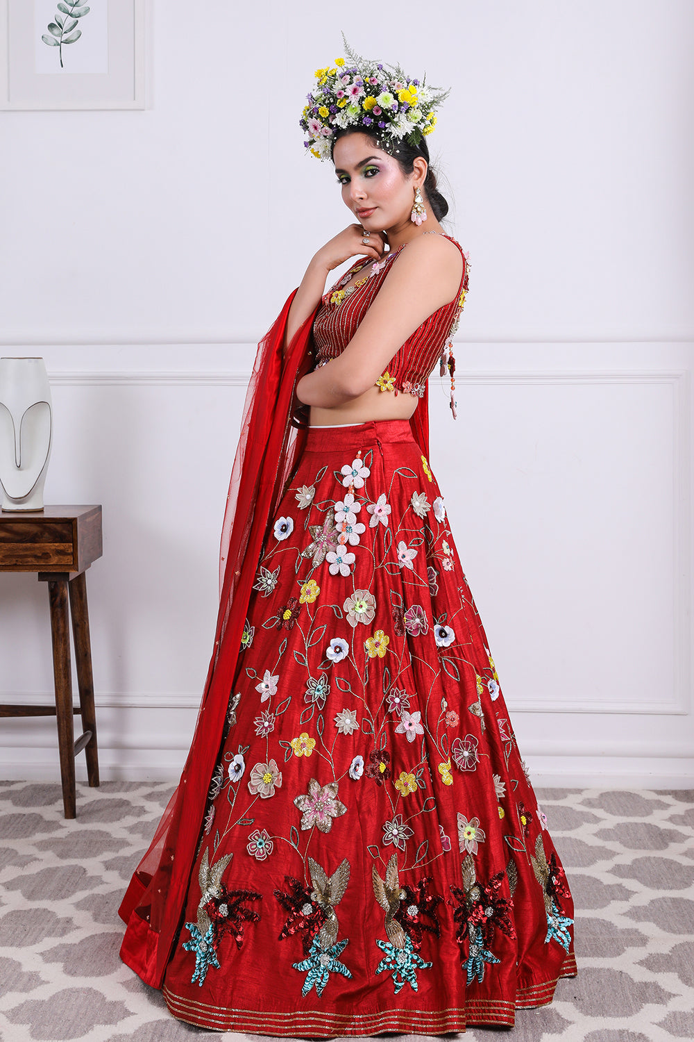 Red 3D Embroidered 
Raw Silk Lehnga Set.