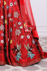 Red 3D Embroidered 
Raw Silk Lehnga Set.