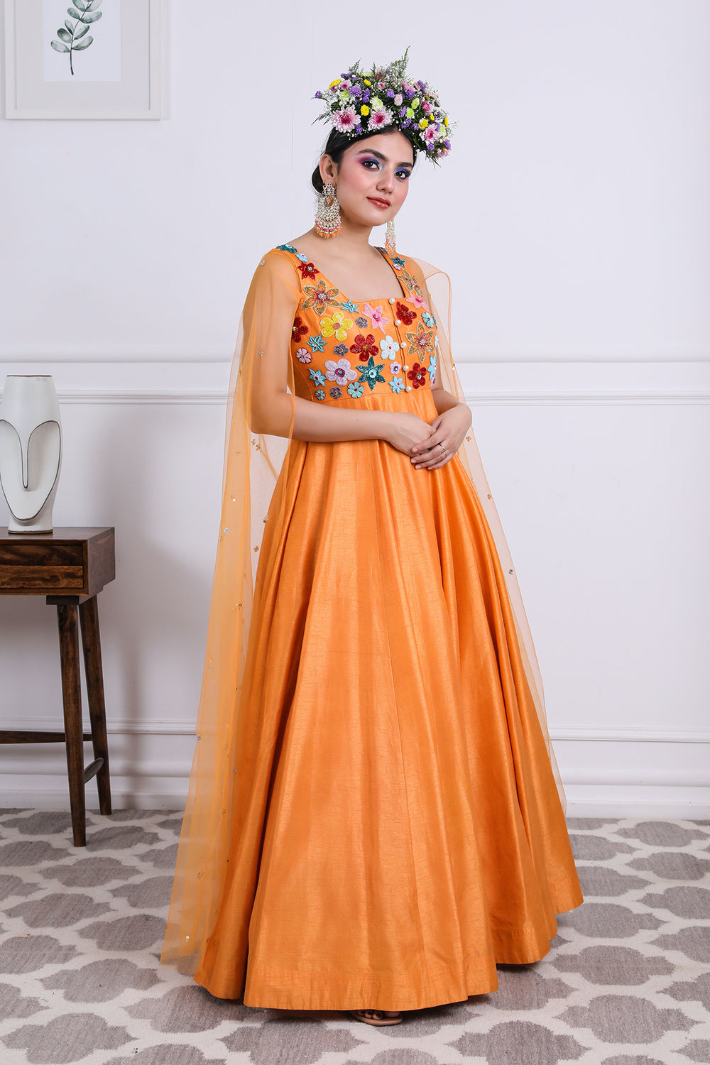 Orange Raw Silk Anarkali