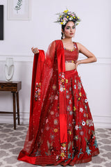 Red 3D Embroidered 
Raw Silk Lehnga Set.